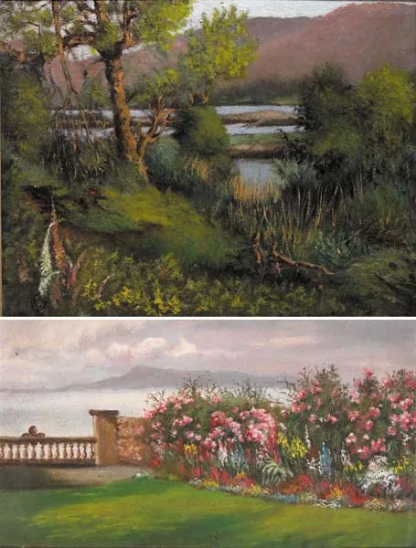 Clare Galwey, ON THE ROAD TO PARKNASILLA and VIEW FROM THE GARDEN AT OSBORNE HOUSE, MONKSTOWN, COUNTY DUBLIN (2), oil on canvas
