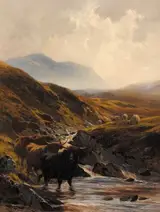 Alfred Grey, HIGHLAND CATTLE AND SHEEP BY A MOUNTAIN STREAM