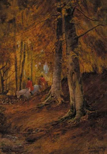 Sam Garratt, HUNTSMEN AND HOUNDS IN A BEECH WOOD, watercolour over pencil heightened with white
