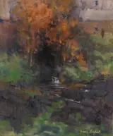 James English, VIEW OF A RIVER WITH WATERFALL AND TREES IN AUTUMN FOLIAGE