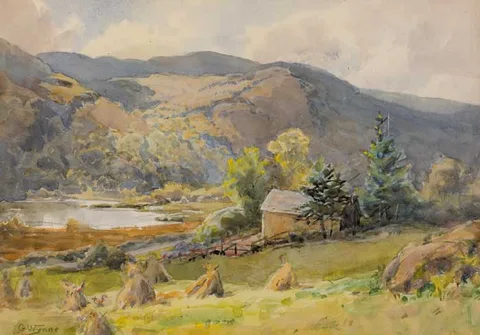 Gladys Wynne, HAYSTACKS IN A VALLEY, COUNTY WICKLOW, watercolour