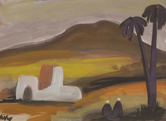 MOROCCAN HILLSIDE by Markey Robinson, gouache on board, sold Dec 2005