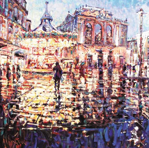 THE VENETIAN CAROUSEL, WET EVENING (LA PLACE DE LA COMEDIE, MONTPELLIER, FRANCE) by Arthur K. Maderson, oil on board, sold Dec 2005