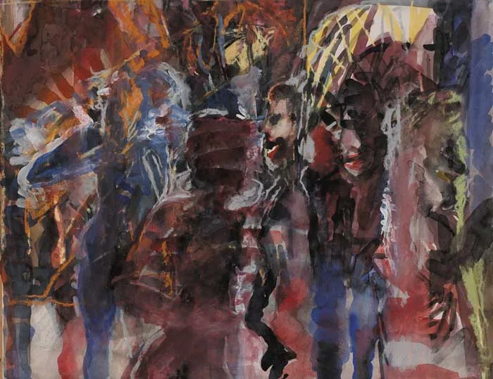 David Crone, STREET SCENE, circa 1983, watercolour, gouache and crayon on board