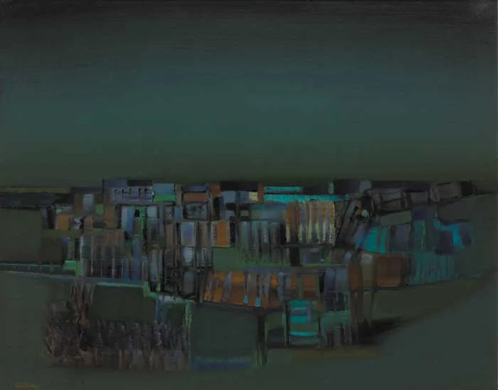 LANDSCAPE WITH BUILDINGS by Eric Patton, oil on canvas, sold Dec 2005