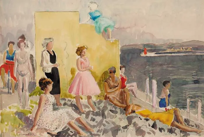 WOMEN SUNBATHING by Patrick Leonard, 1952, watercolour over pencil on paper, sold Feb 2006