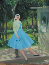 Patrick Leonard, WOMAN IN A BLUE DRESS LEANING BY A TREE, circa 1960s