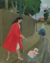 Patrick Leonard, WOMAN WITH CHILD IN PRAM CROSSING A STREET, circa 1960s