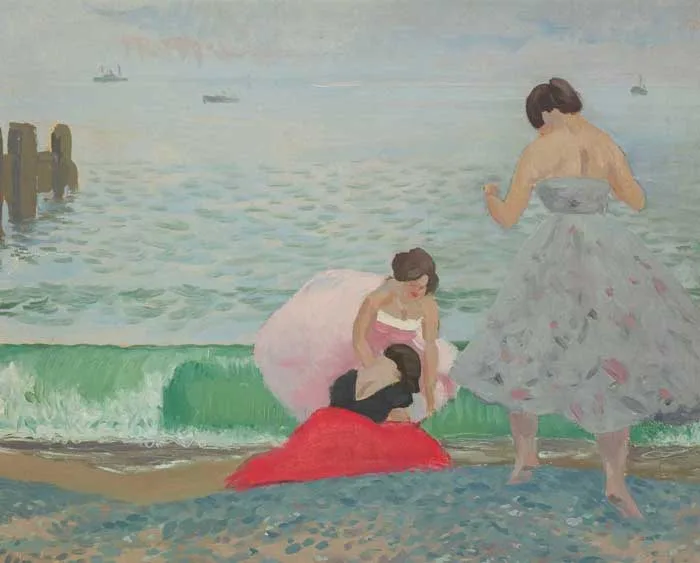 THREE WOMEN ON A BEACH by Patrick Leonard, oil on canvas, sold Feb 2006
