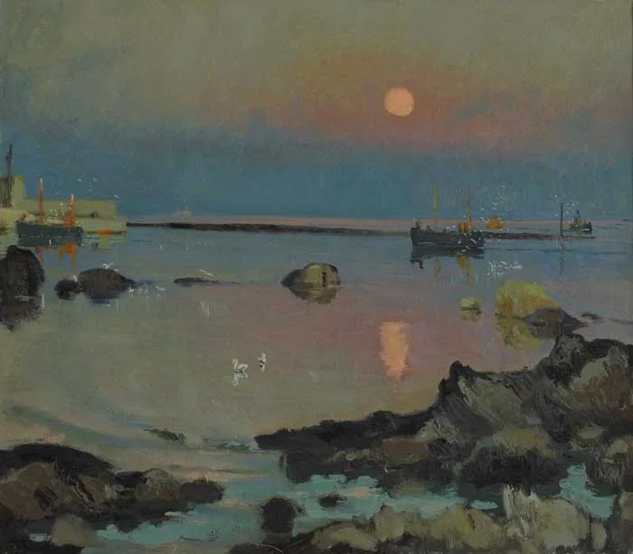 MOON OVER RUSH HARBOUR by Patrick Leonard, oil on canvas, sold Feb 2006