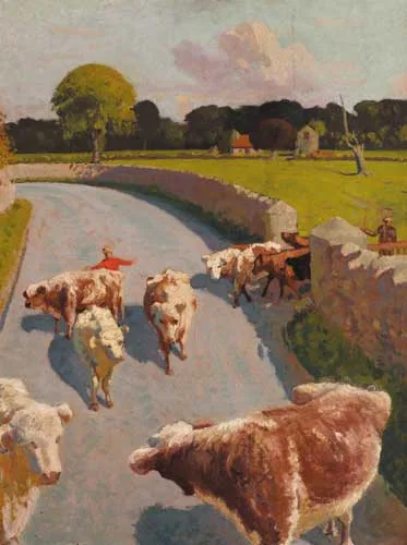 HERDING CATTLE ONTO A ROAD by Patrick Leonard, oil on board, sold Feb 2006