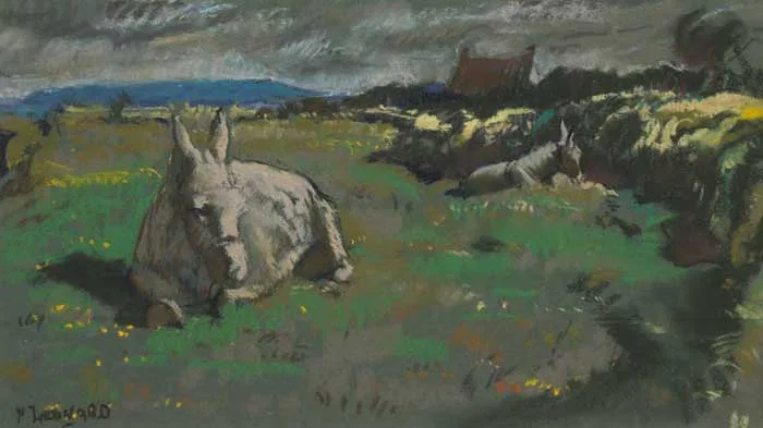 DONKEYS RESTING IN A FIELD by Patrick Leonard, pastel, sold Feb 2006