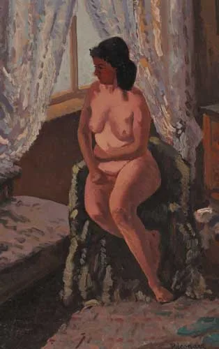 SEATED NUDE BEFORE A WINDOW by Patrick Leonard, oil on panel, sold Feb 2006