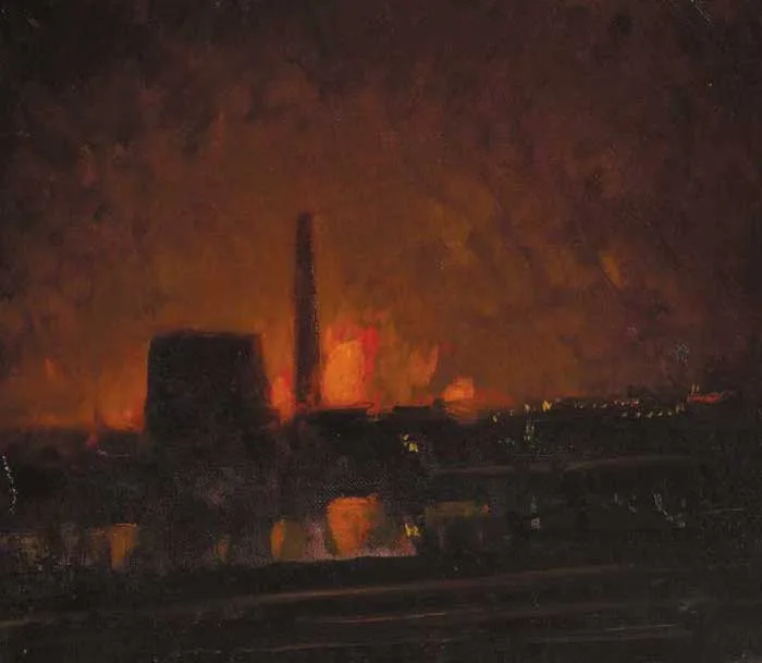 NIGHT FIRE AT DOLLYMOUNT by Patrick Leonard, oil on canvas, sold Feb 2006