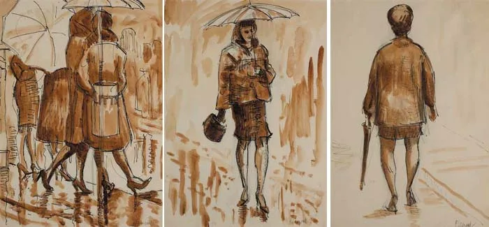 Patrick Leonard, STUDIES: WOMEN WITH UMBRELLAS (SET OF THREE), pen and ink over pencil with sepia wash on paper