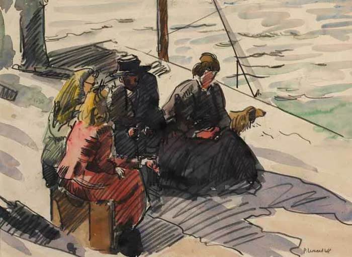 WAITING FOR THE BOAT by Patrick Leonard, 1948, watercolour over pencil on paper, sold Feb 2006