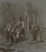 Patrick Leonard, WORKMEN ON LAMBAY ISLAND, 1943, WOODLAND WITH UPROOTED TREES ON LAMBAY, and STUDY OF SLAUGHTERED FOWL (SET OF THREE)