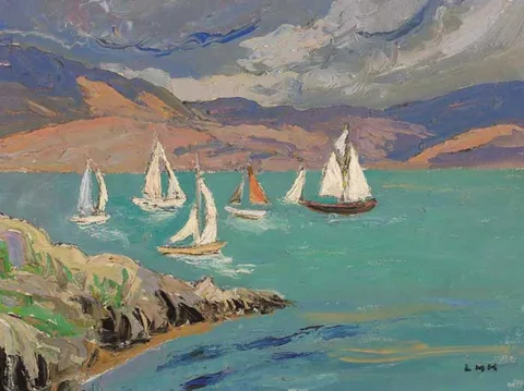 SAILING BOATS IN A BAY by Letitia Marion Hamilton, oil on canvas board, sold Feb 2006