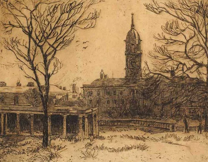 Estella Solomons, THE ROTUNDA HOSPITAL, DUBLIN, 1928; PORTMARNOCK; OLD CLOTHES SHOP NEAR CHRISTCHURCH; COLLECTING KINDLING and IN AN ORCHARD, 1916 (SET OF FIVE), etchings