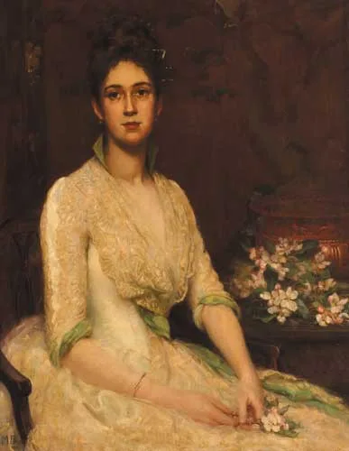 Mary Drew, PORTRAIT OF A LADY WITH A SPRAY OF APPLE BLOSSOM, 1888, oil on canvas