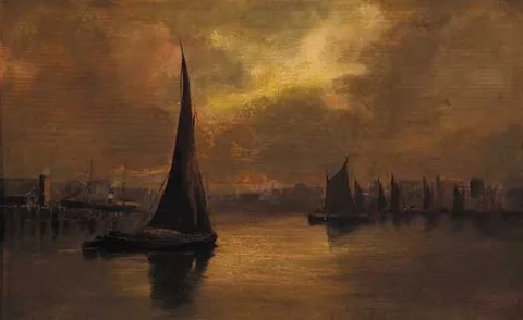 Joseph Fitzgerald, TRAWLERS IN DUBLIN BAY, oil on panel
