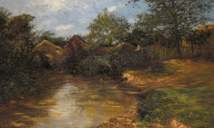 Rose J. Leigh, A STREAM WITH HAYSTACKS AND FARM BUILDINGS BEYOND, oil on canvas