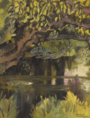 POOL REFLECTIONS (TREES OVERHANGING A RIVER) by Gladys Maccabe, oil on board, sold Feb 2006