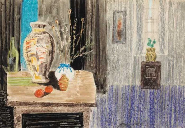 STILL LIFE by Arthur Armstrong, crayon and wash on board, offered Feb 2006