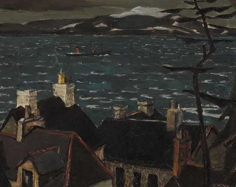 Olive Henry, WINTER IN BELFAST LOUGH, 1951, oil on board