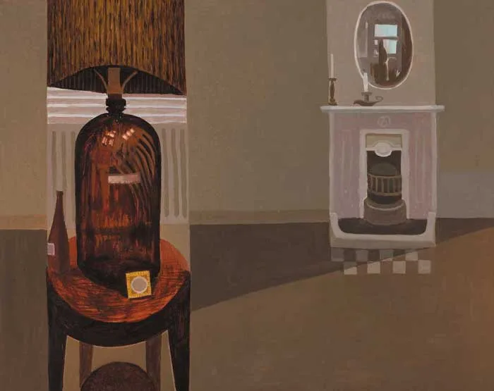 STILL LIFE WITH FIREPLACE by Arthur Armstrong, circa 1977, oil on board, sold Feb 2006