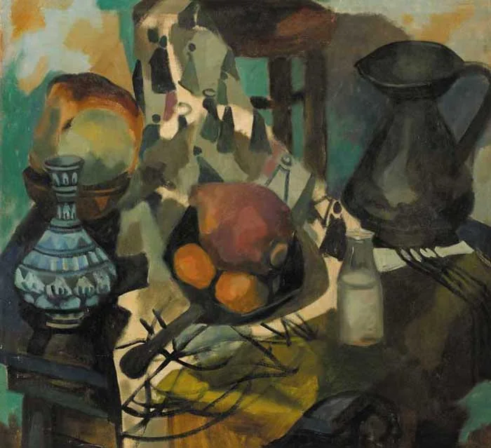 Alice Hanratty, STILL LIFE WITH TURNIP, SKILLET AND MOORISH VASE, oil on canvas