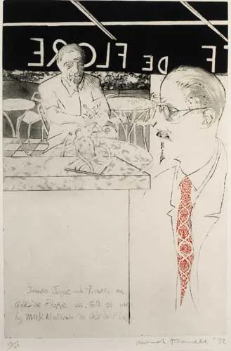 Micheal Farrell, JOYCE ET PICASSO AU CAFE DE FLORE, 1992, aquatint and lithograph (no. 13 from an edition of 25)