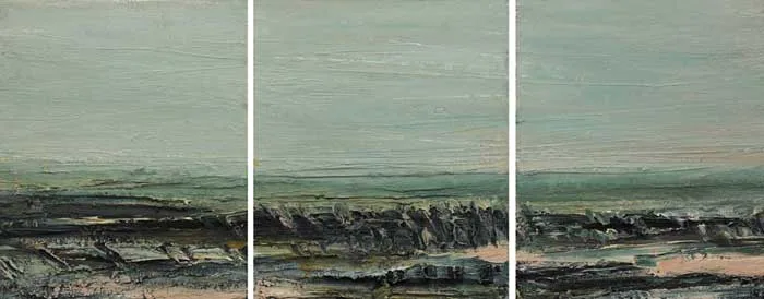 SHORELINE, MAYO (A TRIPTYCH) by Mary Lohan, 2002, oil on canvas (three canvas panels on supporting rods), sold Feb 2006