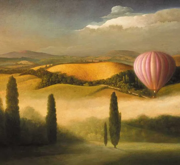 BALLOON FLIGHT, URBINO by Stuart Morle, oil on canvas laid on board, sold Feb 2006