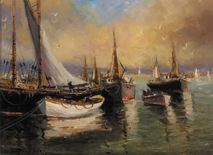 FISHING HARBOUR by Norman J. McCaig, oil on board, sold Feb 2006