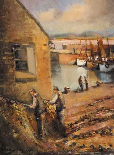 MENDING THE NETS by Norman J. McCaig, oil on canvas, sold Feb 2006