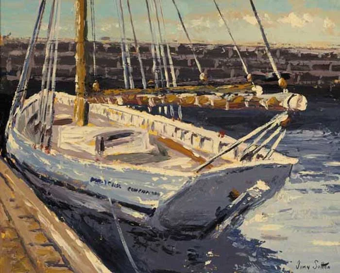 BRETON GAFF RIGGER BERTHED IN OUTER HARBOUR, CONCARNEAU by Ivan Sutton, oil on canvas board, offered Feb 2006