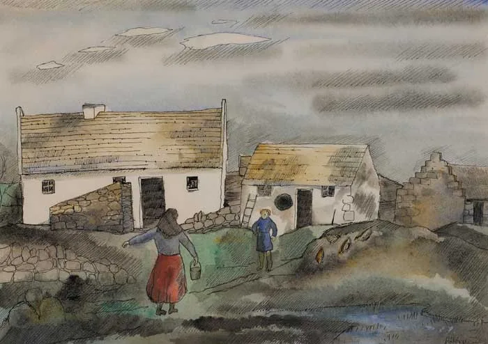 Basil Rakoczi, WOMAN CARRYING A BUCKET, COTTAGES BEYOND, pen and ink with watercolour on paper