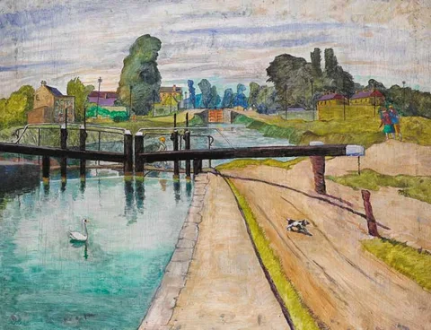 THE GRAND CANAL AT THE BLACKHORSE BRIDGE, INCHICORE by Harry Kernoff, oil on canvas, offered Nov 2005