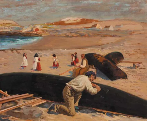 Seán Keating, MENDING A CURRACH ON A WEST OF IRELAND BEACH, oil on board