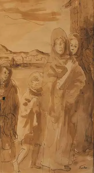 GALWAY FOLK by Augustus John, pen and brown ink wash on paper, sold Nov 2005