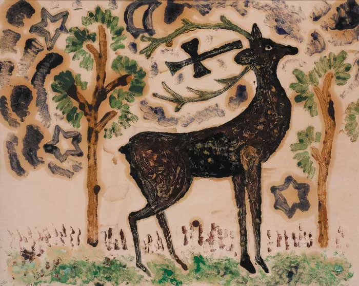 STAG IN A FOREST by Basil Rakoczi, monotype - oil on paper, sold Nov 2005