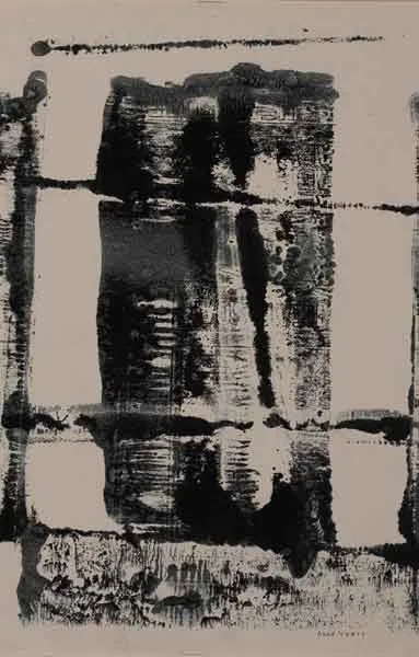 Anne Yeats, VIEW FROM CONDEMNED HOUSE, monotype in printing ink on board