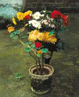 Jack Cudworth, POTTED GERANIUMS WITH VASE OF CHRYSANTHEMUMS