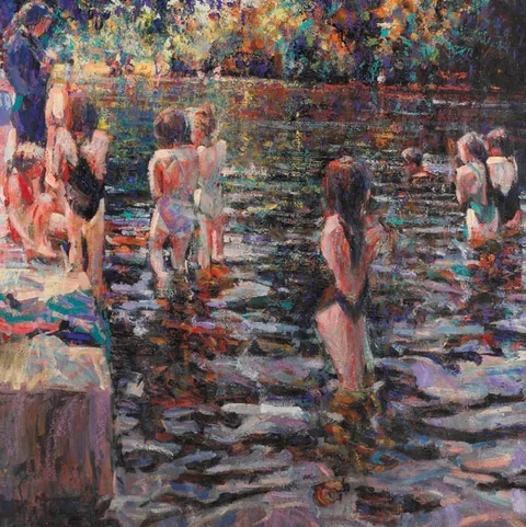 Arthur K. Maderson, THE SWIMMING LESSON (LISMORE RIVER POOL), oil and pastel on board