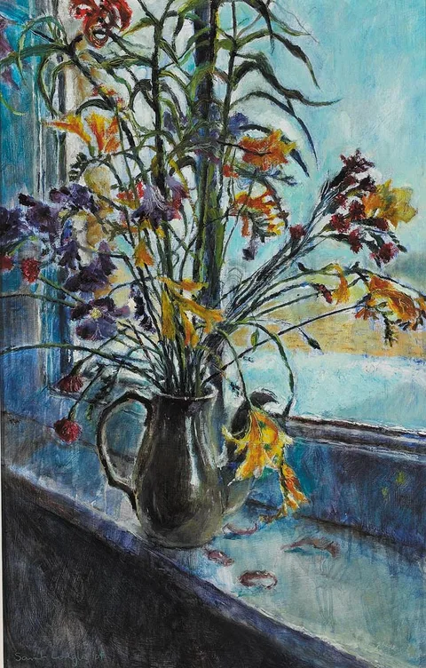 COFFEE POT WITH LILIES AND MONTBRETIA ON A WINDOWSILL by Sarah Longley, oil on board, sold Jun 2005