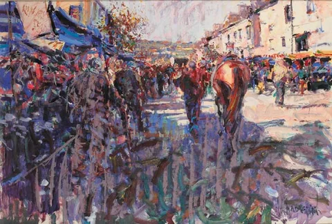 Arthur K. Maderson, SUNSET, TALLOW HORSE FAIR, oil and pastel on board