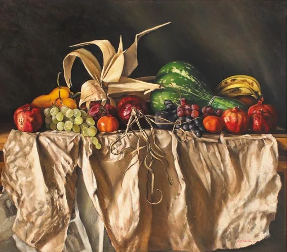 Therese McAllister, NATURA MORTA CON ZUCCA VERDE, oil on canvas laid on board