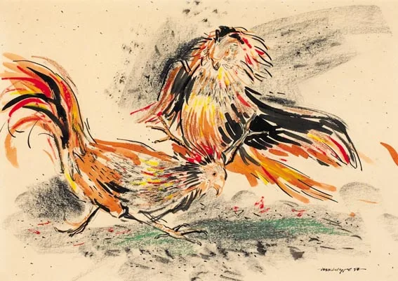 FIGHTING COCKS by James MacIntyre, watercolour, crayon and gouache on paper, sold Jun 2005