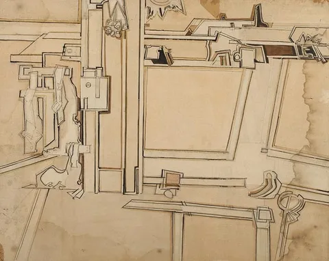 Nevill Johnson, LONDON, collage and pen and ink with wash on paper